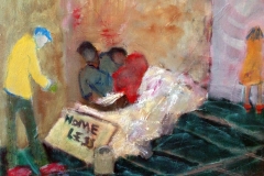 Homeless Couple in Port Authority Oil 16\" x 20\" 2018