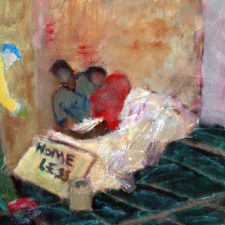 Homeless Couple in Port Authority Oil 16\" x 20\" 2018